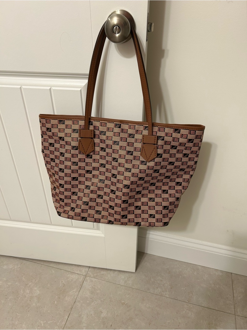 Moreau Paris Coated Canvas Tote Bag in Brown and Cream- EUC